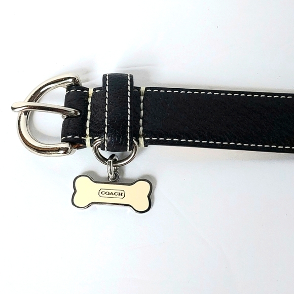 EUC Coach Black Leather Dog Collar Large Bone Silvertone Name Tag